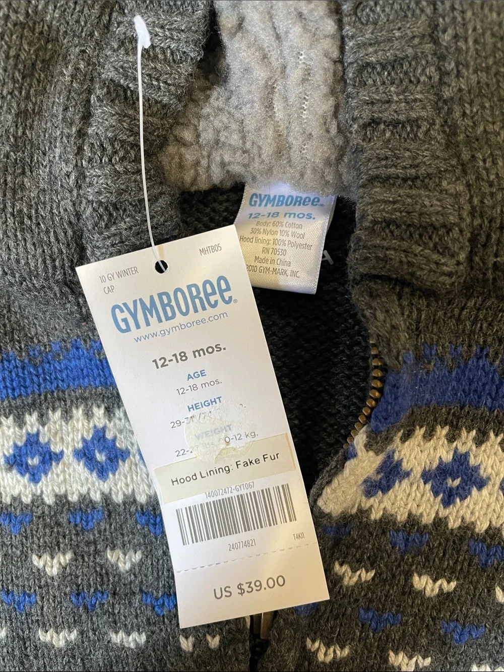 Gymboree Dark Gray Hooded Knit Zip Jacket 12-18m NWT